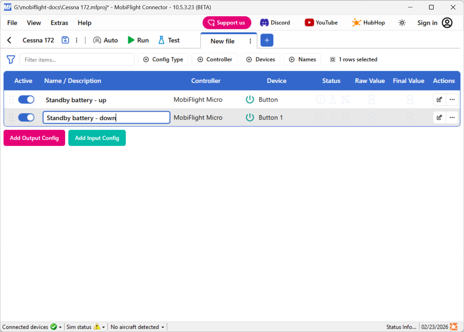 Screenshot of the main window with Standby battery - down entered as a custom name.