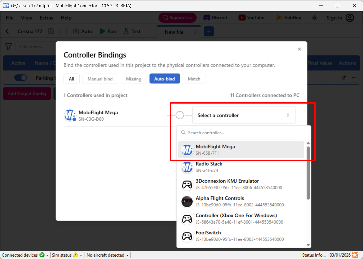 Screenshot of the Controller Bindings dialog with a replacement MobiFlight Mega device highlighted.