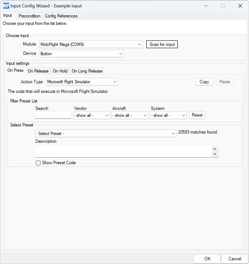 Screenshot of a button input with the Microsoft Flight Simulator action type selected.