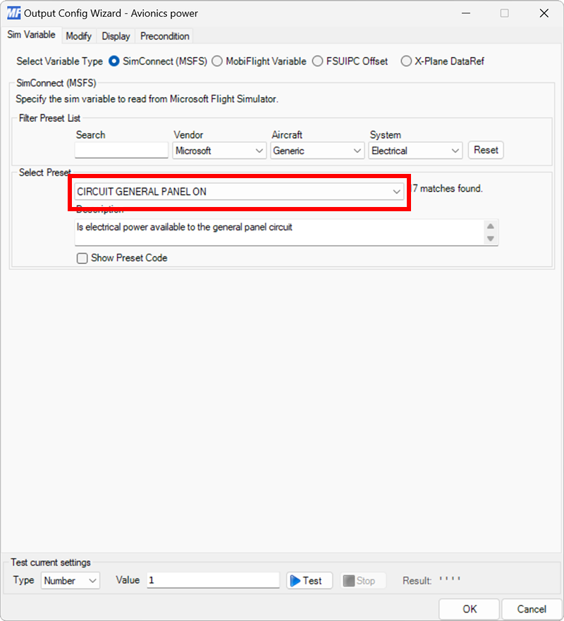 Screenshot of an output configuration with the CIRCUIT GENERAL PANEL ON preset highlighted.