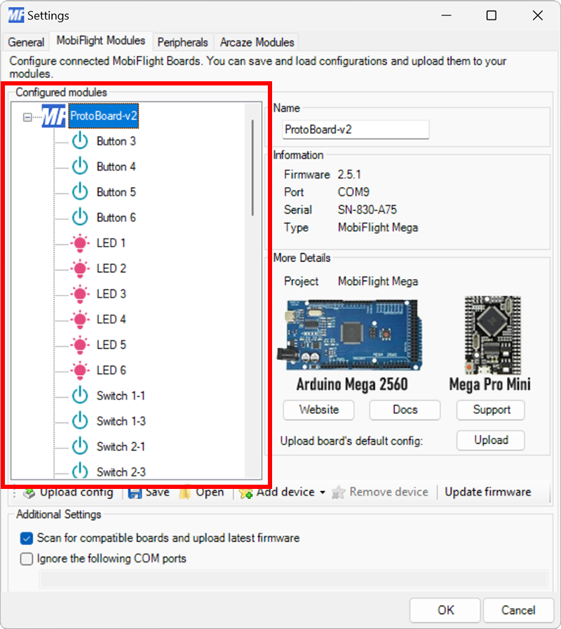 Screenshot of the MobiFlight Modules dialog with a ProtoBoard-v2 configuration loaded on a Mega 2560 Pro Mini.